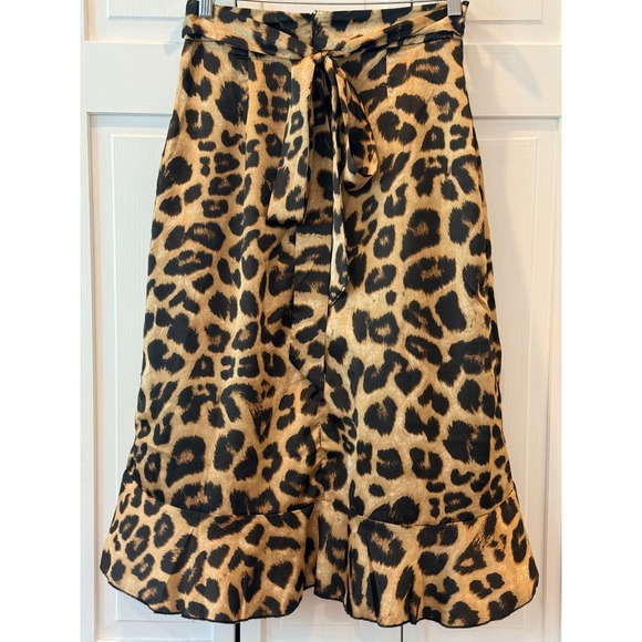 Womens Leopard Print Wrap Midi Skirt Ruffle Tie‎ Waist Polyester S Badie Silky - Picture 2 of 7